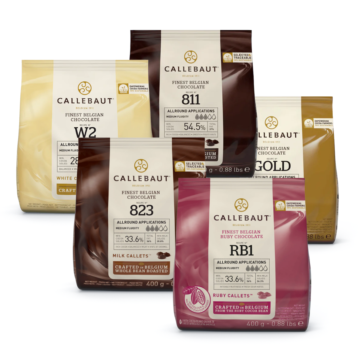 Chocolate sample - white, dark, milk, ruby, gold chocolate packs of 400g