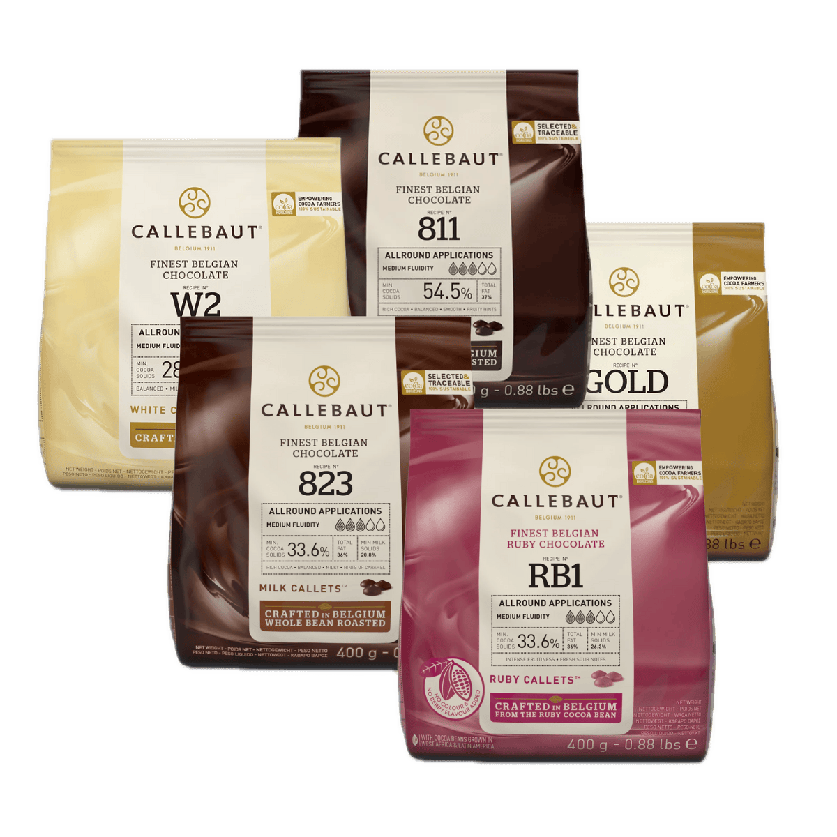 Chocolate sample - white, dark, milk, ruby, gold chocolate packs of 400g